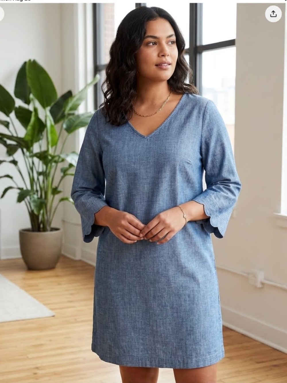 J. Crew Chambray V-Neck Tunic Dress with Scalloped Sleeves LIKE NEW